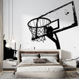 Basketball mural wallpaper creating a bold statement in modern teen bedroom, showing urban street style in black and white