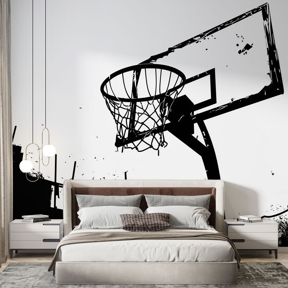 Basketball mural wallpaper creating a bold statement in modern teen bedroom, showing urban street style in black and white