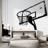 Basketball mural wallpaper creating a bold statement in modern teen bedroom, showing urban street style in black and white