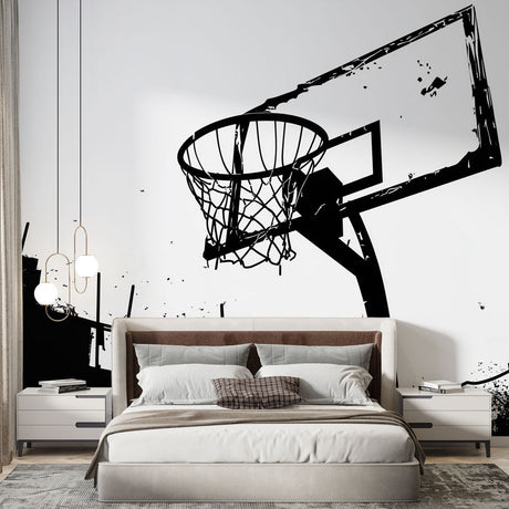 Basketball mural wallpaper creating a bold statement in modern teen bedroom, showing urban street style in black and white