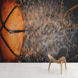 Basketball wallpaper mural styled in modern game room with orange accent lighting and sleek furniture
