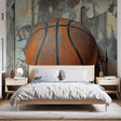 Basketball mural wallpaper bringing urban style to a modern teen bedroom, orange and grey tones creating dynamic atmosphere
