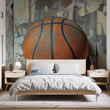 Basketball mural wallpaper bringing urban style to a modern teen bedroom, orange and grey tones creating dynamic atmosphere