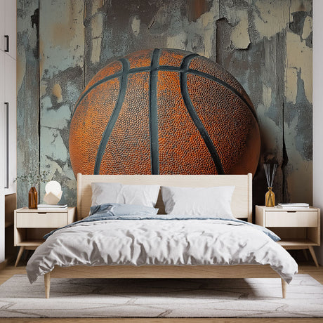 Basketball mural wallpaper bringing urban style to a modern teen bedroom, orange and grey tones creating dynamic atmosphere