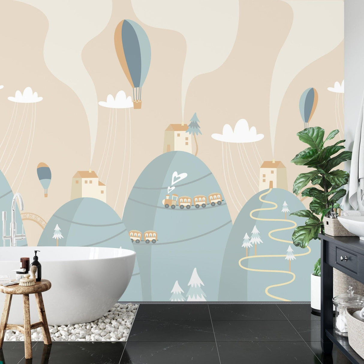 Kids Mountain Mural Wallpaper | Whimsical Train and Hot Air Balloons