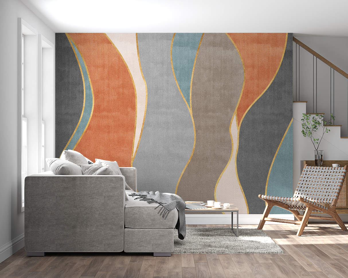 Abstract Mural Wallpaper | Terracotta and Blue Waves with Gold Lines