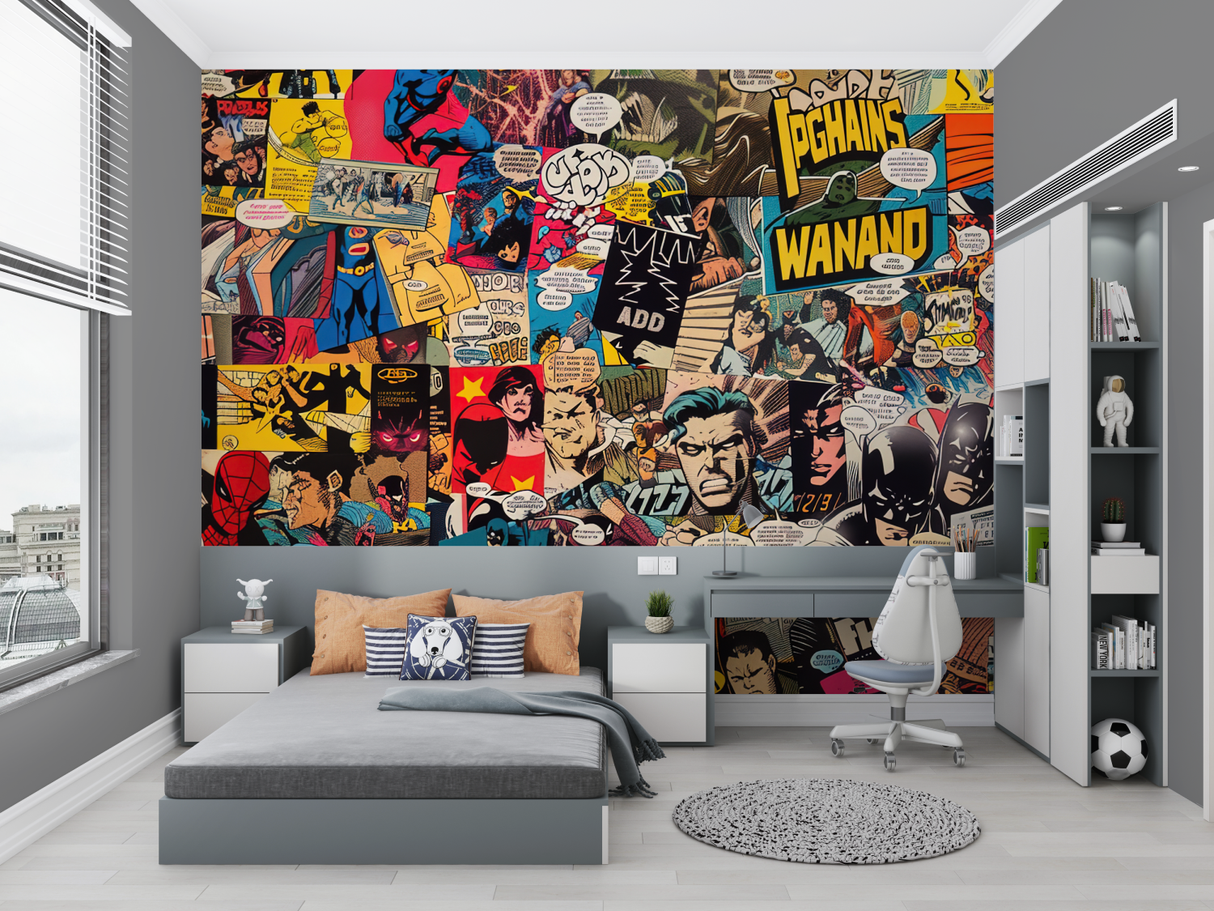 Comic Book Mural Wallpaper | Retro Superhero Collage Design