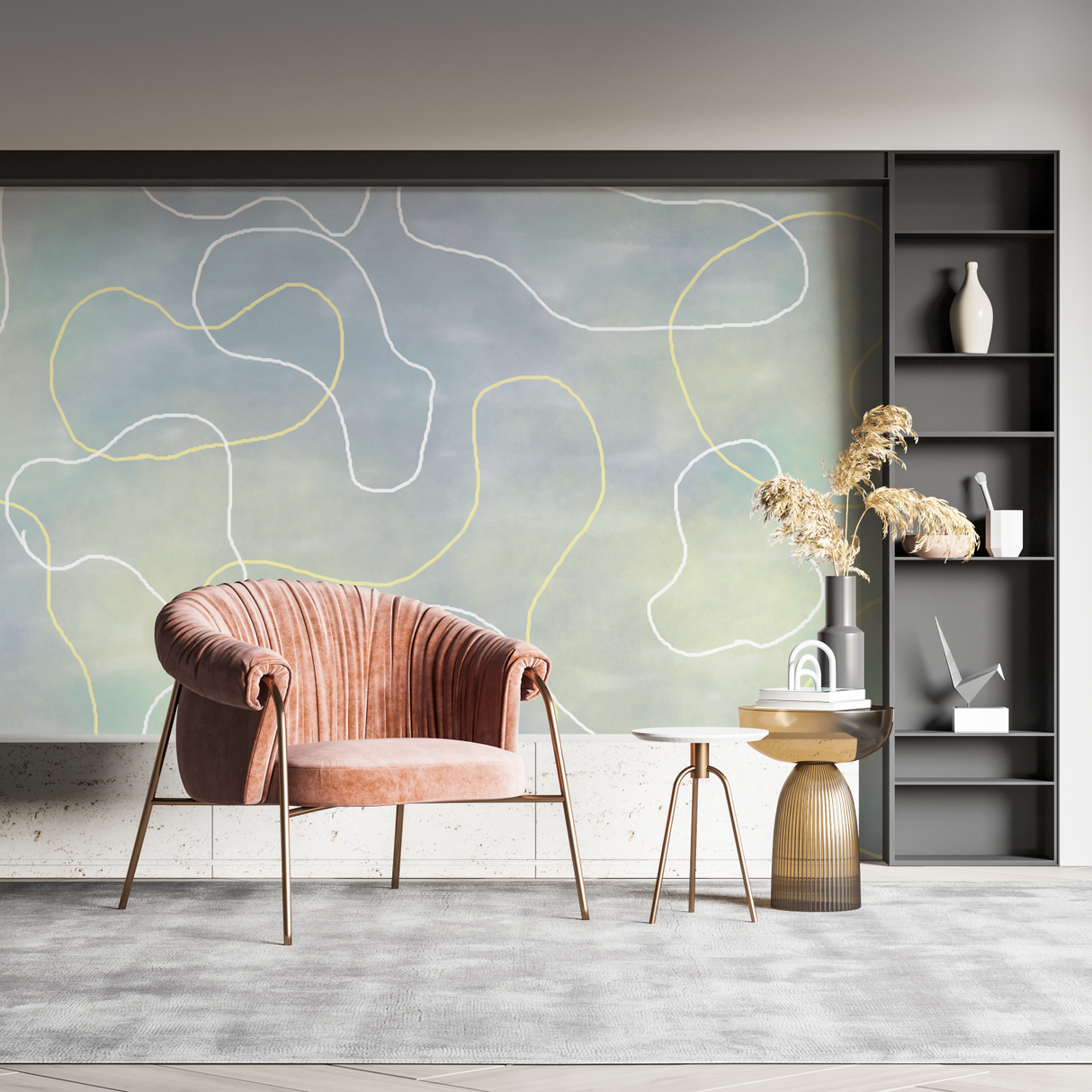 Abstract Mural Wallpaper | Gentle Curves in Grey and Yellow
