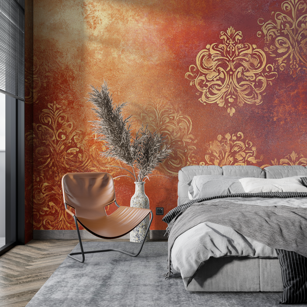 Baroque Mural Wallpaper | Terracotta and Gold Damask Pattern