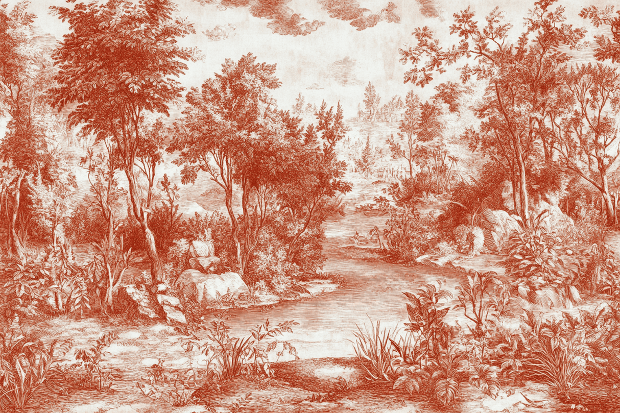 Toile de Jouy Mural Wallpaper | Terracotta Forest Scene