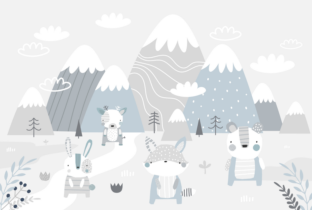 Mountain Mural Wallpaper | Scandinavian Winter Animals Scene