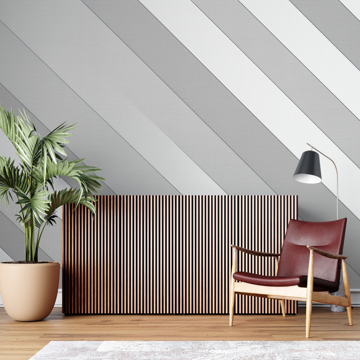 Geometric Mural Wallpaper | Modern Diagonal Stripes in Grey