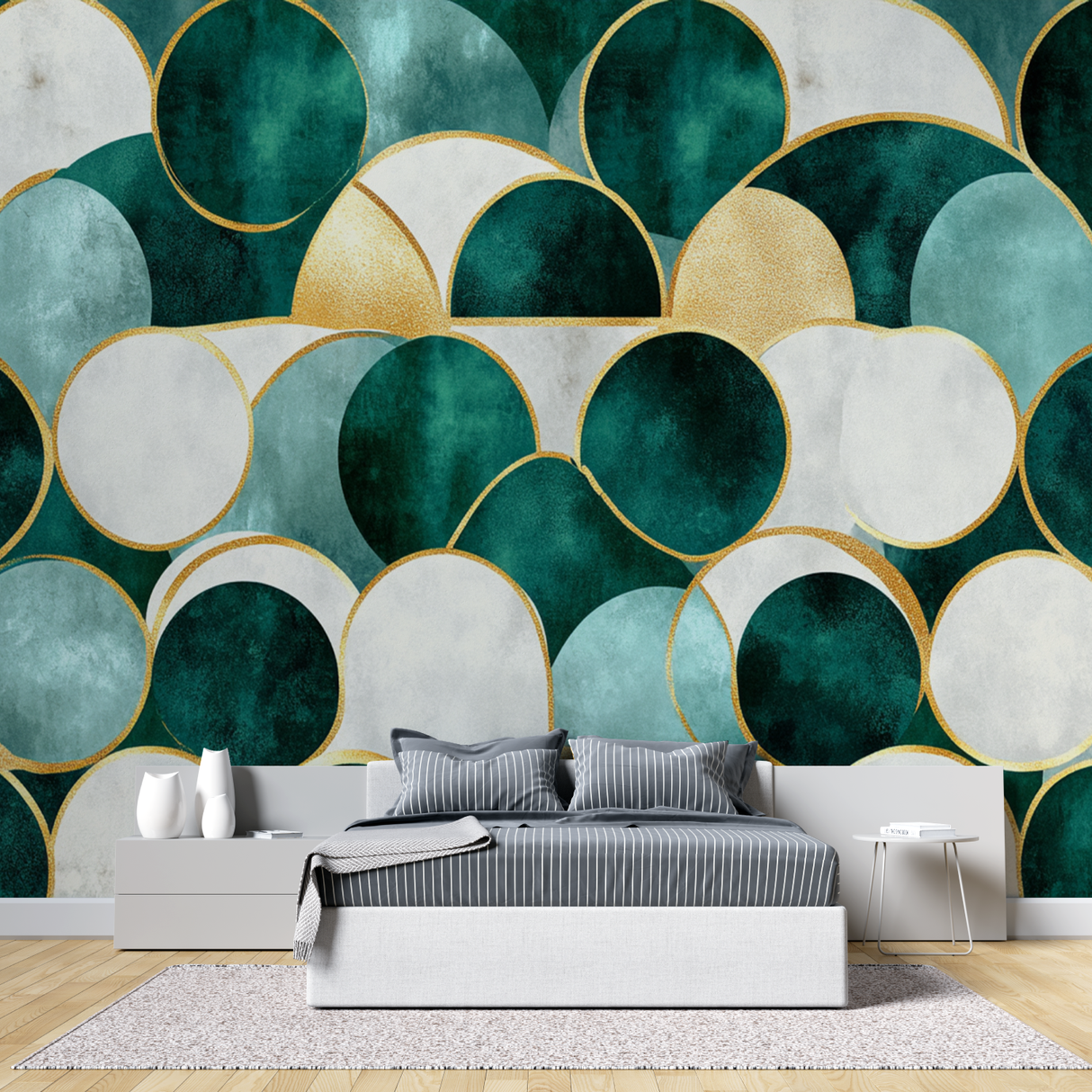 Geometric Mural Wallpaper | Art Deco Green and Gold Circles