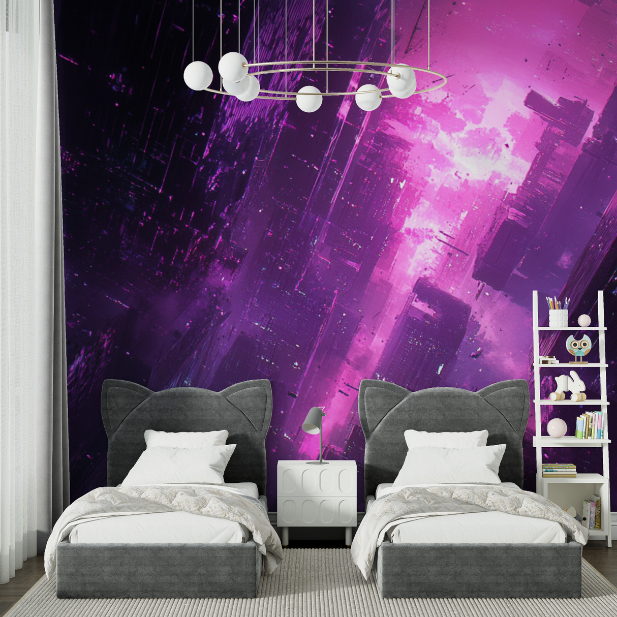 Gaming Mural Wallpaper | Neon Purple Cyberpunk City