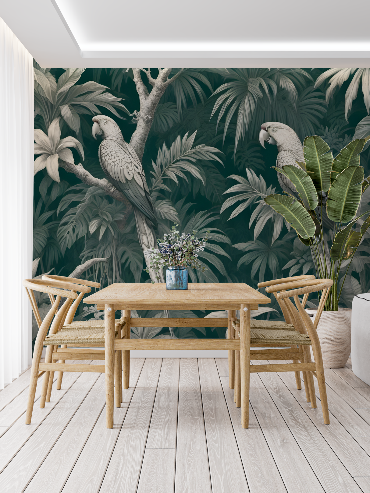 Tropical Birds Mural Wallpaper | Elegant Parrot and Palm Design