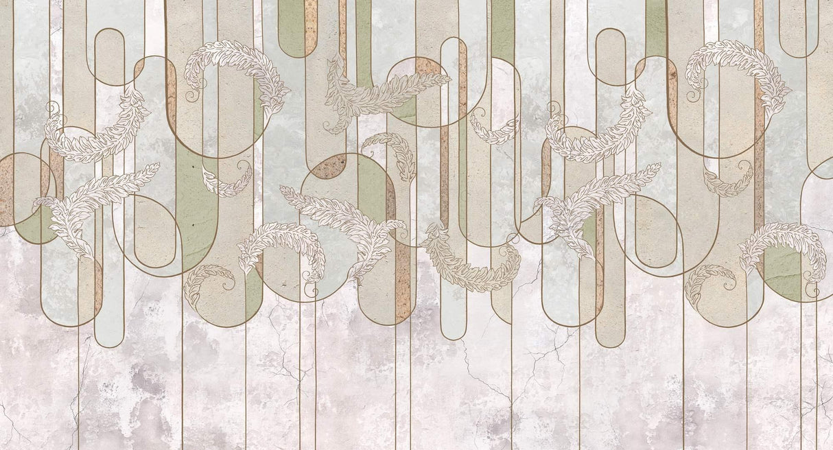 Art Deco Mural Wallpaper | Geometric Feather Pattern in Sage