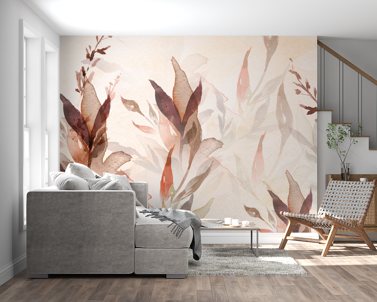 Floral Mural Wallpaper | Watercolor Botanical Art in Terracotta