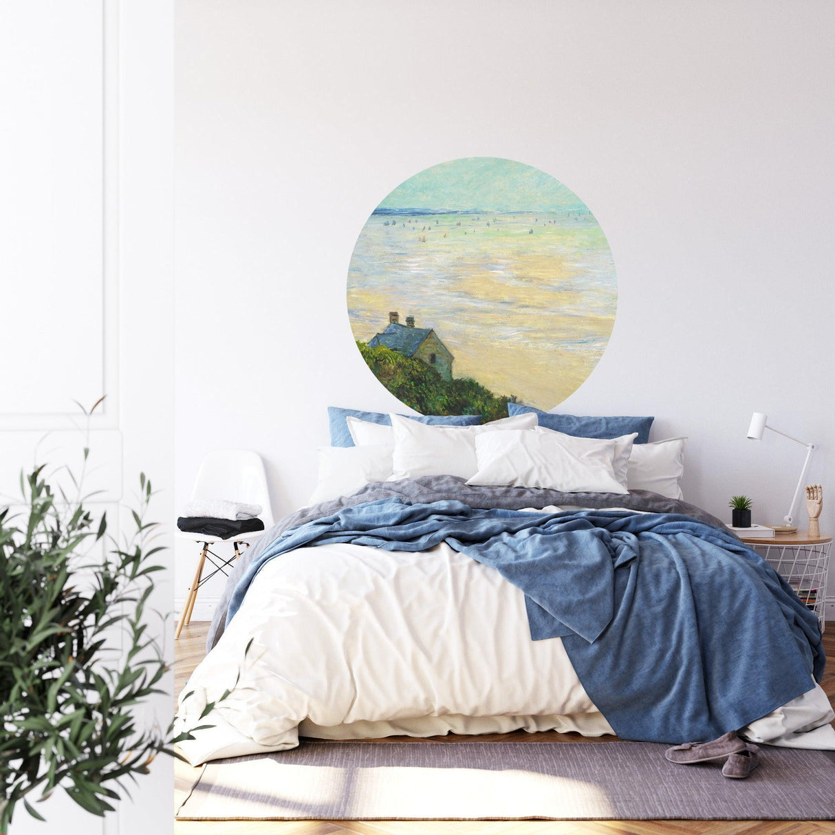 Beach house wallpaper mural in modern living room, creating a window-like view to the coast