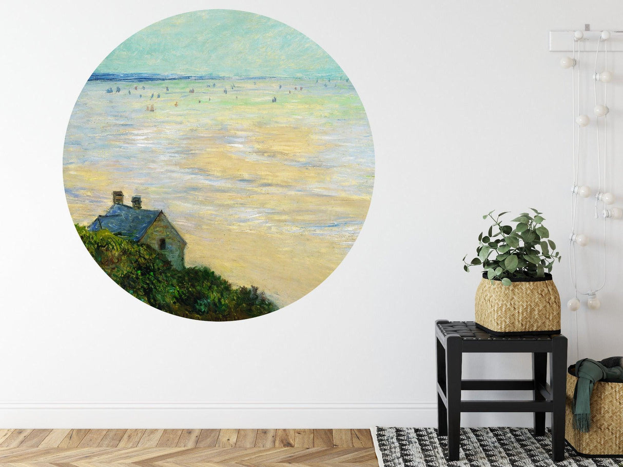 Coastal circle wallpaper creating a focal point in minimalist bedroom
