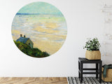 Coastal circle wallpaper creating a focal point in minimalist bedroom