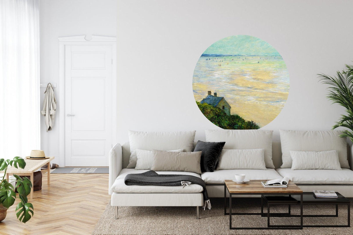 Beach themed circular mural in home office showing scale and impact