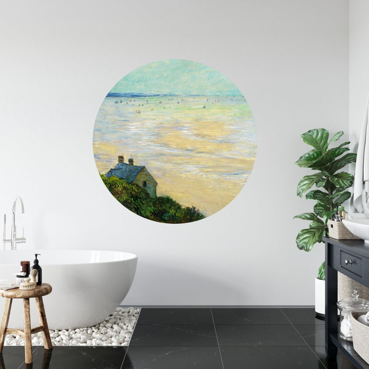 Watercolor beach house wallpaper installed in dining room with natural light
