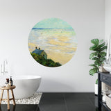 Watercolor beach house wallpaper installed in dining room with natural light
