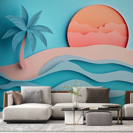 3D Tropical Beach Wallpaper creating a serene coastal atmosphere in a modern living room with white furniture
