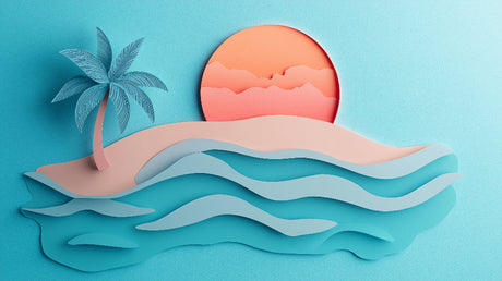 3D Paper Cut Beach Sunset design file showing detailed layered waves and palm tree silhouette