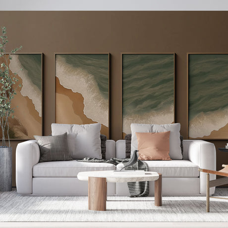Beach mural wallpaper creating a serene atmosphere in a modern living room with natural light