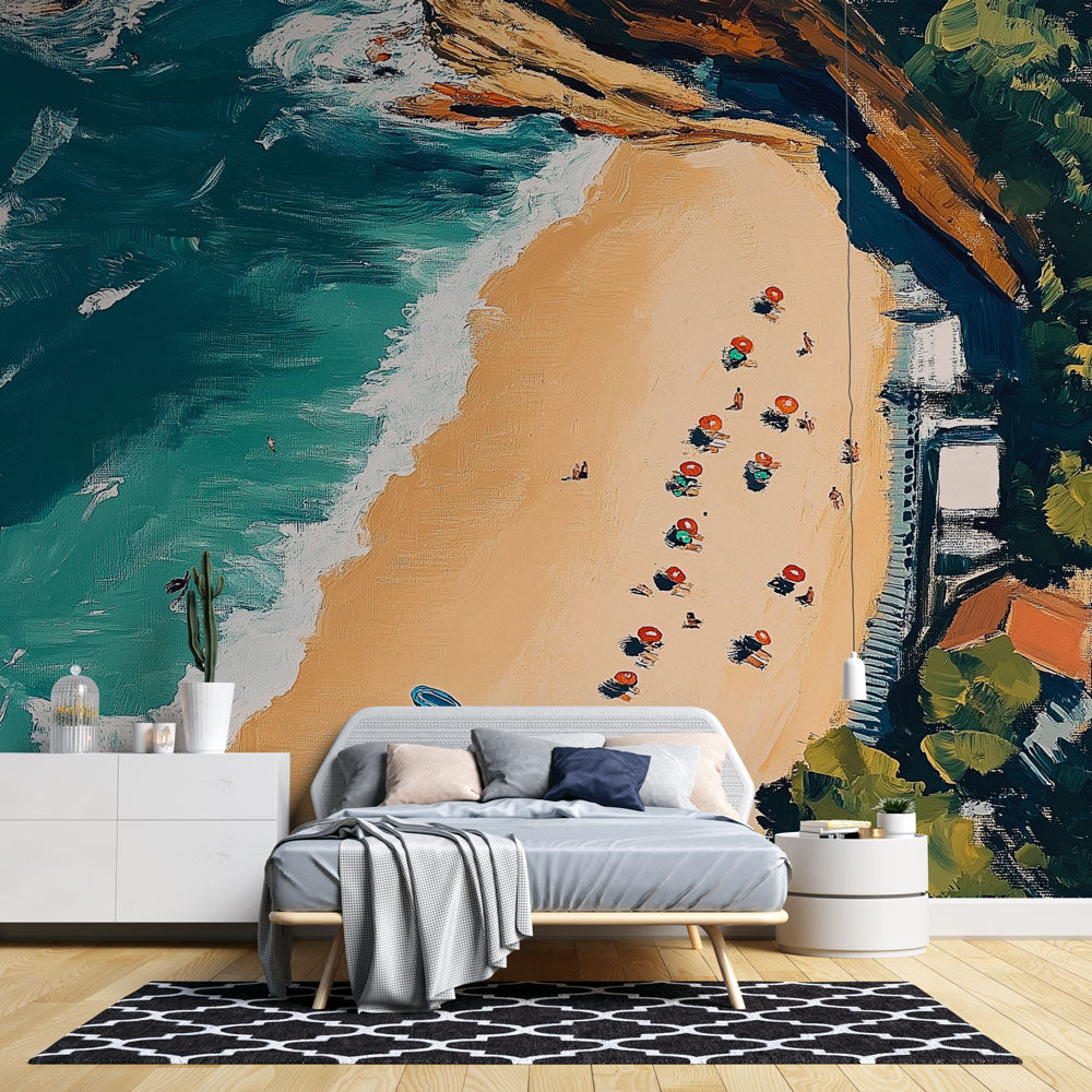 Beach mural wallpaper creating a stunning focal point in a modern living room with white furniture and natural light