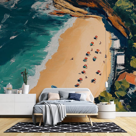 Beach mural wallpaper creating a stunning focal point in a modern living room with white furniture and natural light
