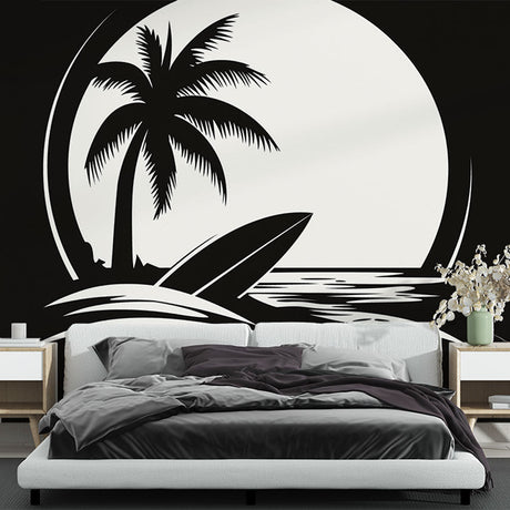 Black and white beach mural wallpaper creating a modern coastal feel in a minimalist living room with clean furniture lines