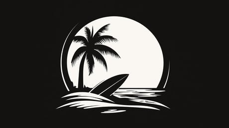 Beach scene wallpaper design file showing detailed black and white tropical sunset pattern with palm tree silhouette