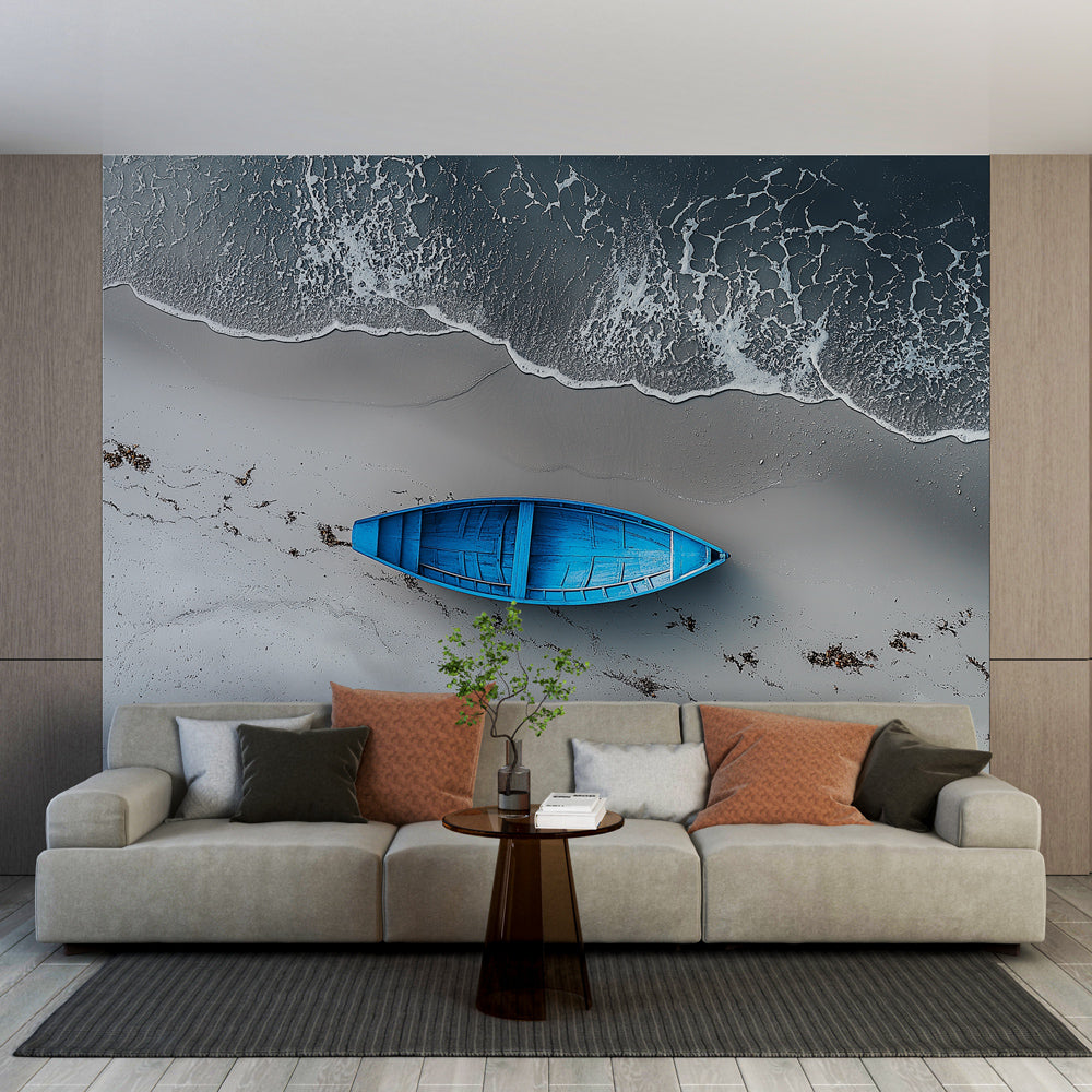 Beach mural wallpaper showcasing a blue boat design in a bright modern living room with coastal decor