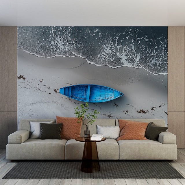 Beach mural wallpaper showcasing a blue boat design in a bright modern living room with coastal decor