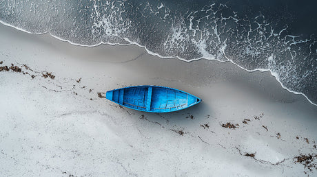 Blue boat on sandy shore design file showing detailed aerial beach view pattern