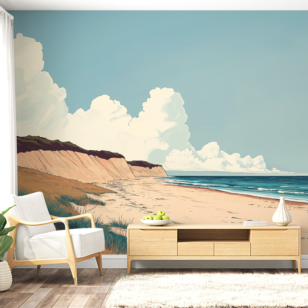 Coastal landscape wallpaper bringing beach vibes to a modern living room with natural light and ocean views