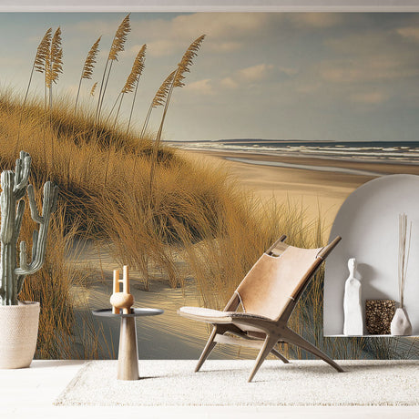 Coastal beach wallpaper with golden dunes creating a serene atmosphere in a modern living room with natural light