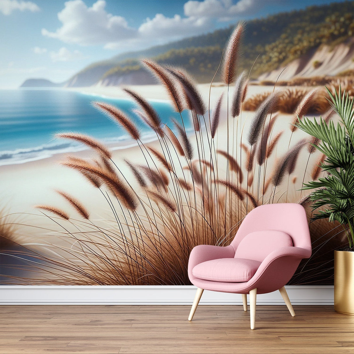 Beach paradise wallpaper creating a stunning focal point in a bright living room with natural lighting and coastal decor