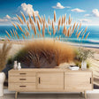 Beach mural wallpaper with pampas grass creating a calm coastal atmosphere in a bright modern living room