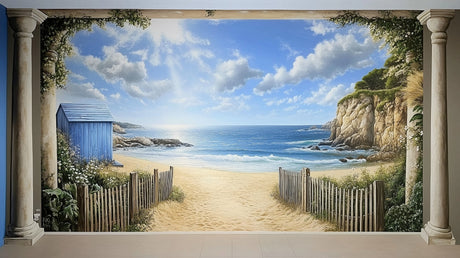 Beach scene wallpaper displayed in bright modern living room, showing how coastal paradise mural creates depth and seaside atmosphere