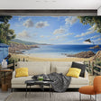 Beach wallpaper mural styled in bright modern bedroom, showing sandy path leading to ocean view through wooden fence