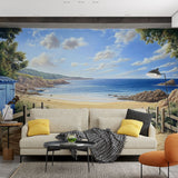 Beach wallpaper mural styled in bright modern bedroom, showing sandy path leading to ocean view through wooden fence