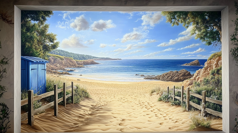 Beach paradise wallpaper design file showing full sandy path and coastal cabin pattern