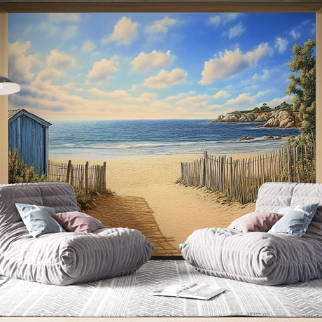 Beach scene wallpaper creating a stunning coastal atmosphere in modern living room with natural light