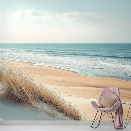 Beach mural wallpaper creating a peaceful coastal atmosphere in a bright modern living room with natural light
