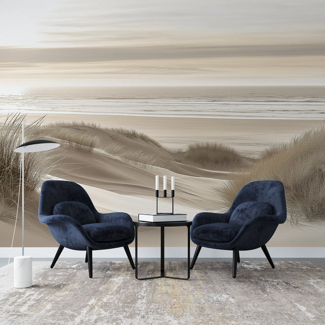 Beach landscape wallpaper creating a serene atmosphere in a modern living room with natural light and minimal furniture