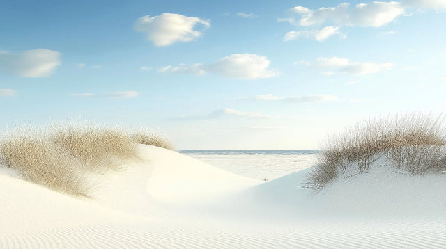 Beach mural wallpaper with coastal sand dunes shown in a bright modern living room, creating a serene atmosphere
