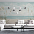 Beach scene wallpaper creating a peaceful coastal atmosphere in a bright modern living room with natural light